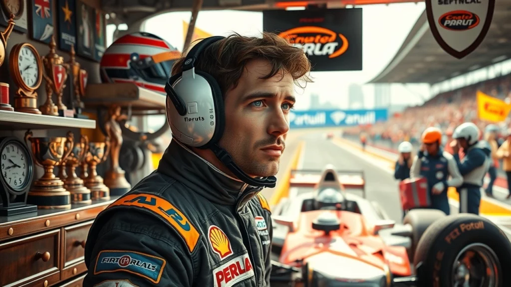 Une illustration de Nicolas Prost en tant que pilote, entouré de souvenirs de famille et de matériel de course moderne.