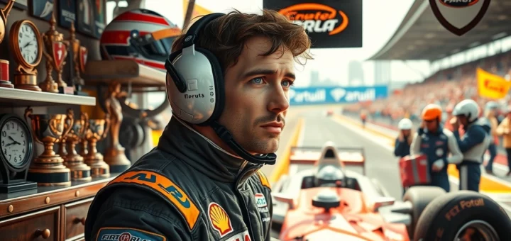 Une illustration de Nicolas Prost en tant que pilote, entouré de souvenirs de famille et de matériel de course moderne.