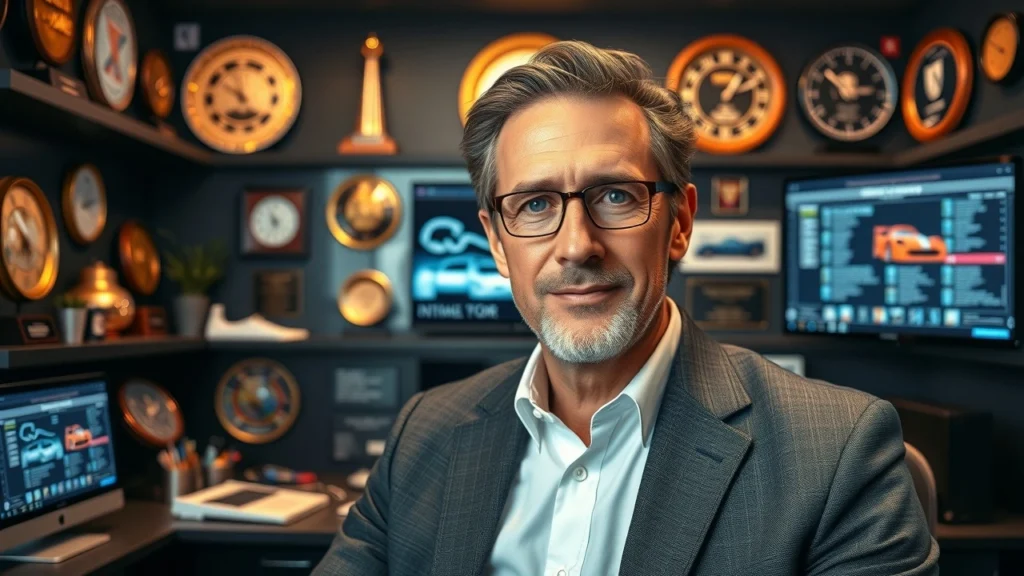 Portrait de Nicolas Prost dans un bureau moderne, entouré de technologies innovantes et de souvenirs de course, représentant son héritage familial et son engagement envers l'innovation.