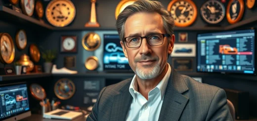 Portrait de Nicolas Prost dans un bureau moderne, entouré de technologies innovantes et de souvenirs de course, représentant son héritage familial et son engagement envers l'innovation.