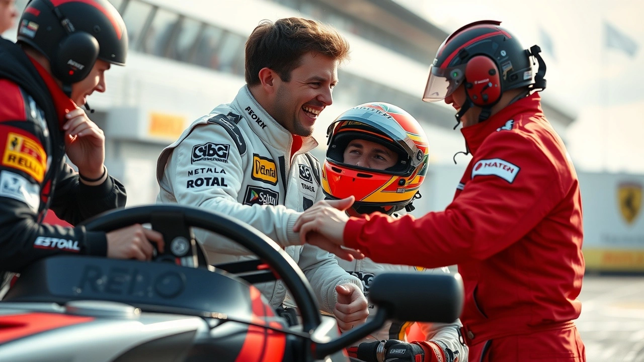 pilote de course interagissant avec son equipe