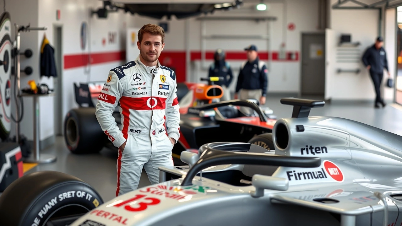pilote de F1 avec sa voiture dans le garage