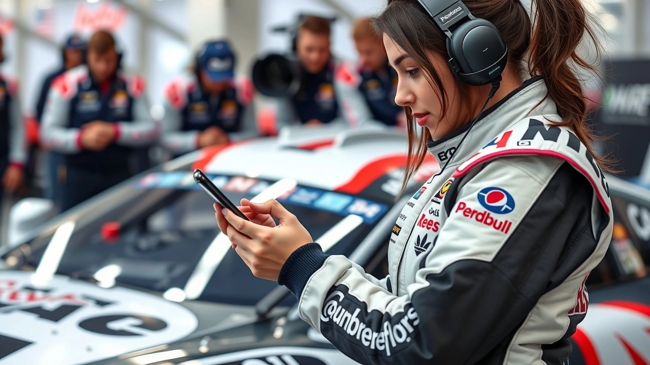 pilote femme utilisant un smartphone avec fans de course