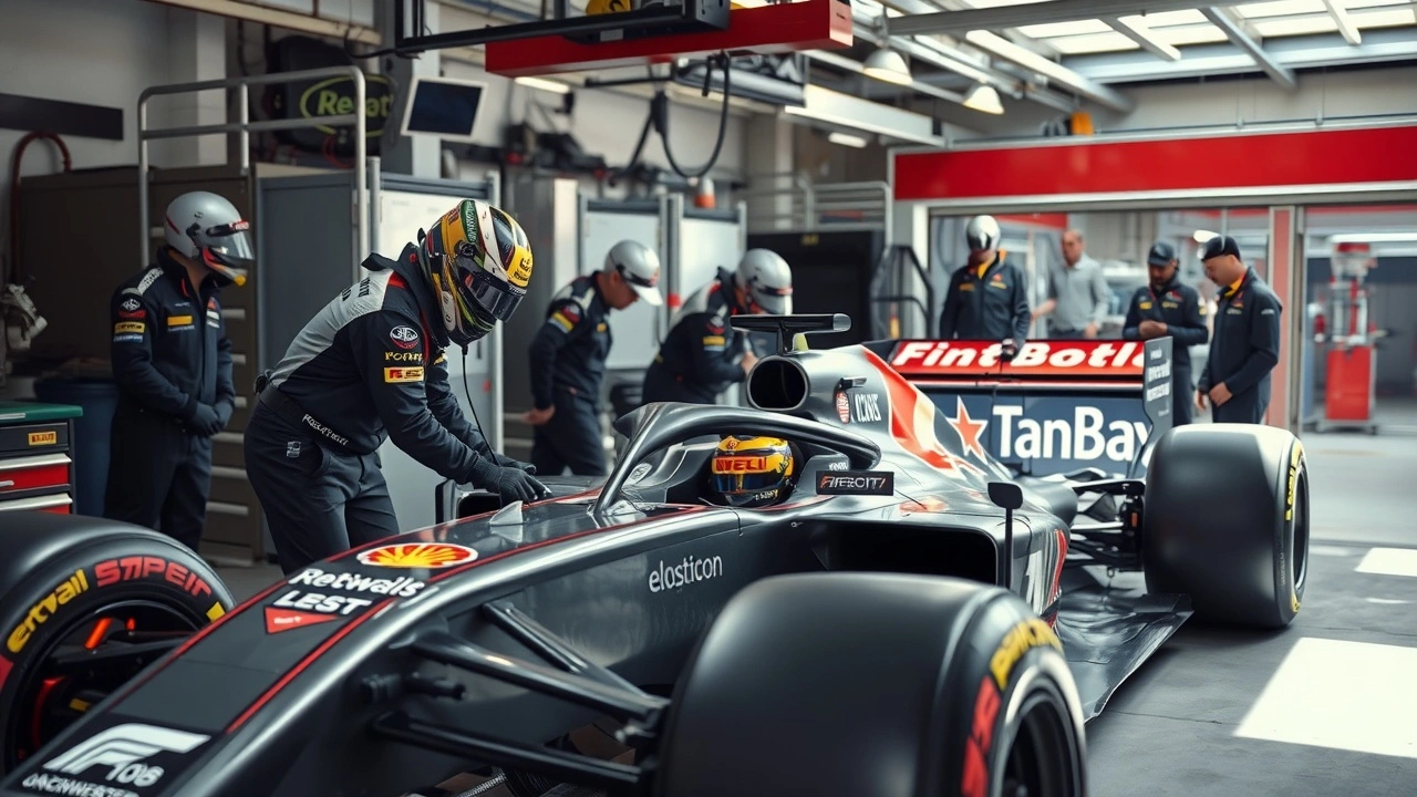 un pilote de formule 1 dans un garage d ecurie en difficulté