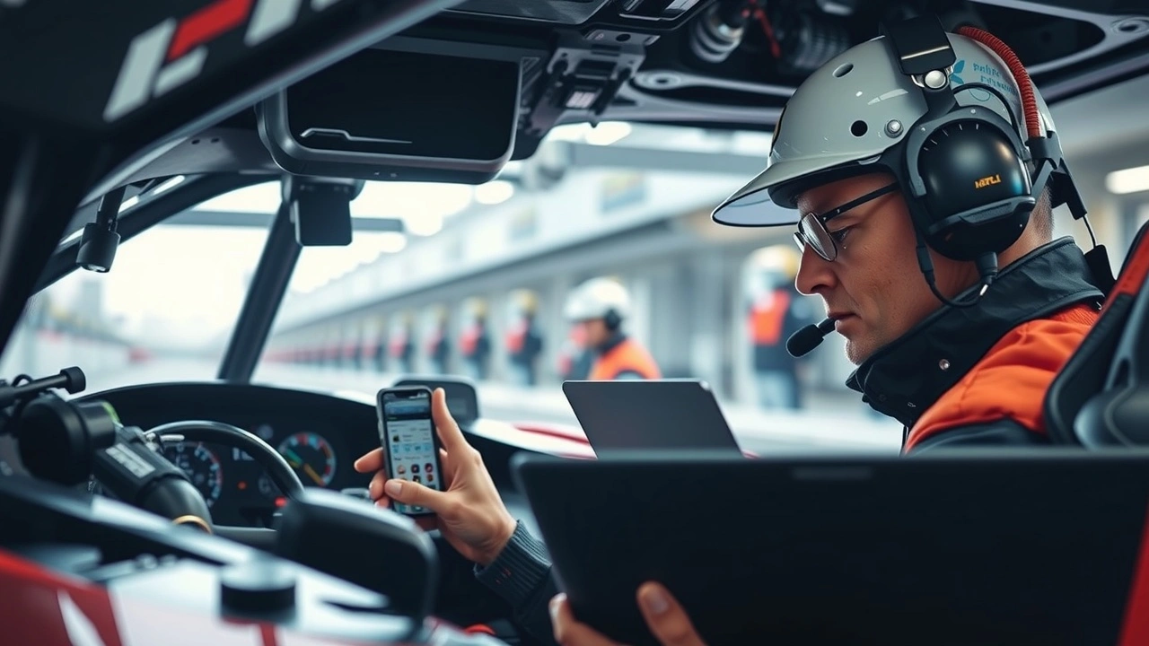 pilote f1 et ingenieur communiquant avec outils modernes