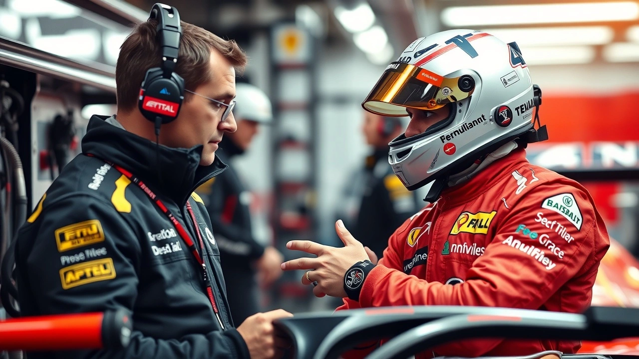 pilote de Formule 1 communiquant avec un ingénieur dans le garage