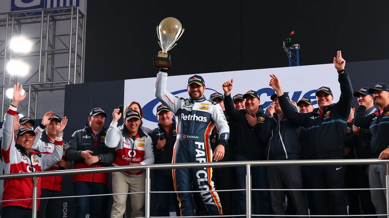 pilote sur podium avec trophée et équipe célébrant