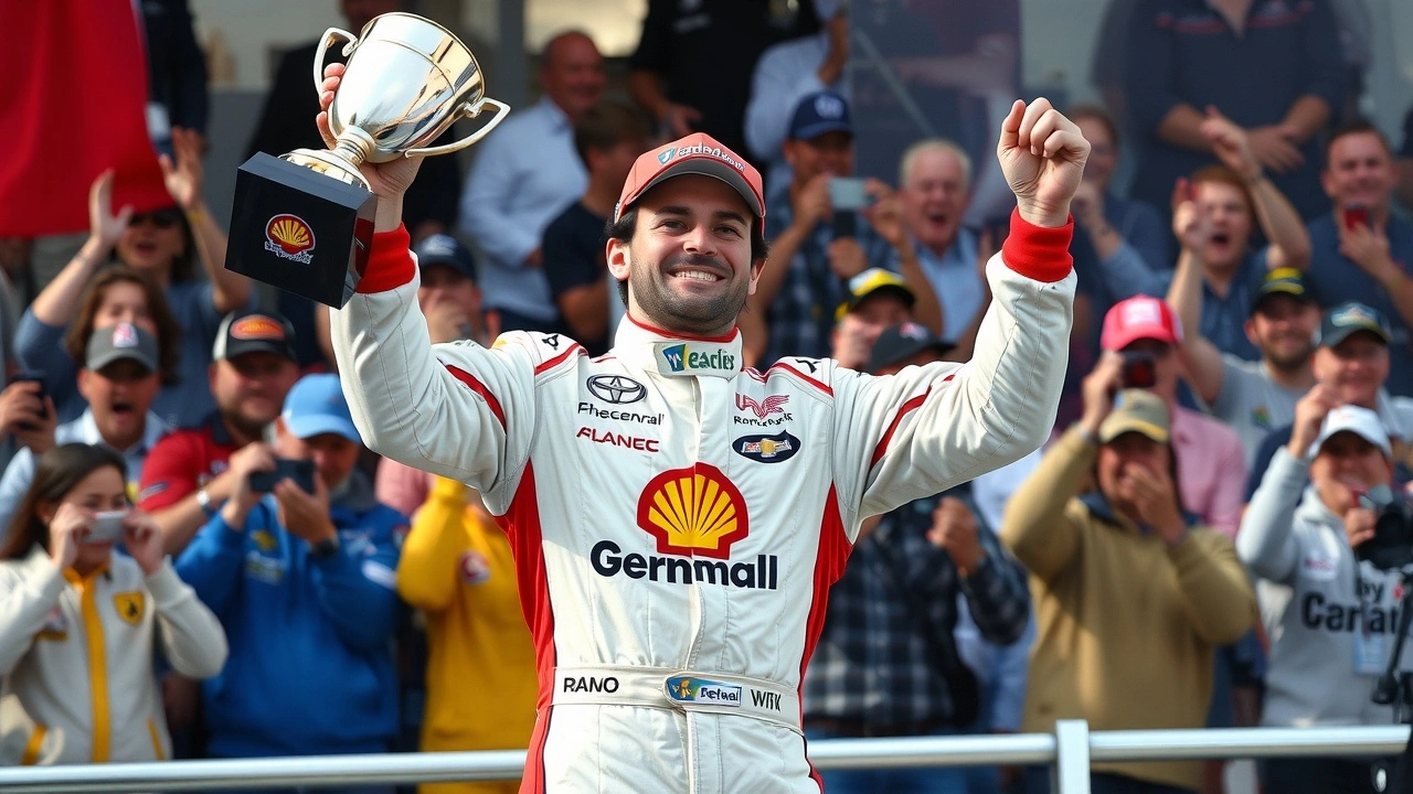 pilote de course sur le podium tenant un trophée