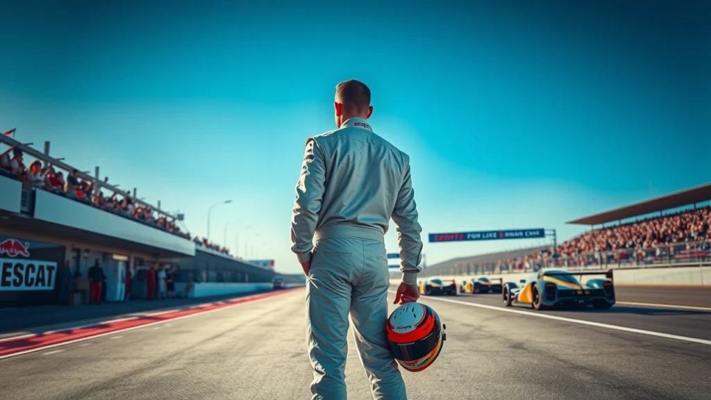 Image d'un pilote de course à un carrefour symbolisant l'héritage familial et la quête d'autonomie.