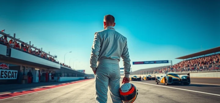 Image d'un pilote de course à un carrefour symbolisant l'héritage familial et la quête d'autonomie.