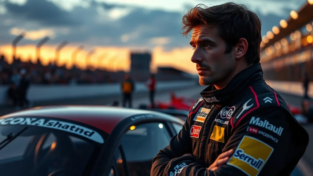 Un pilote de course Nicolas Prost réfléchissant à son parcours à côté de sa voiture sur le circuit