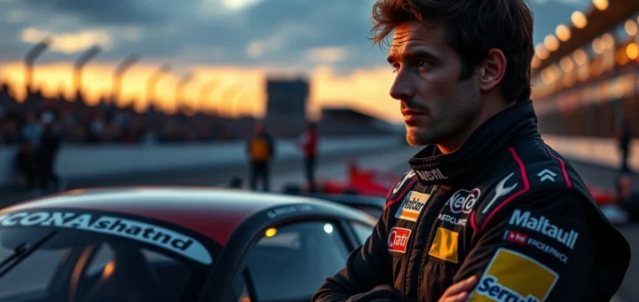 Un pilote de course Nicolas Prost réfléchissant à son parcours à côté de sa voiture sur le circuit