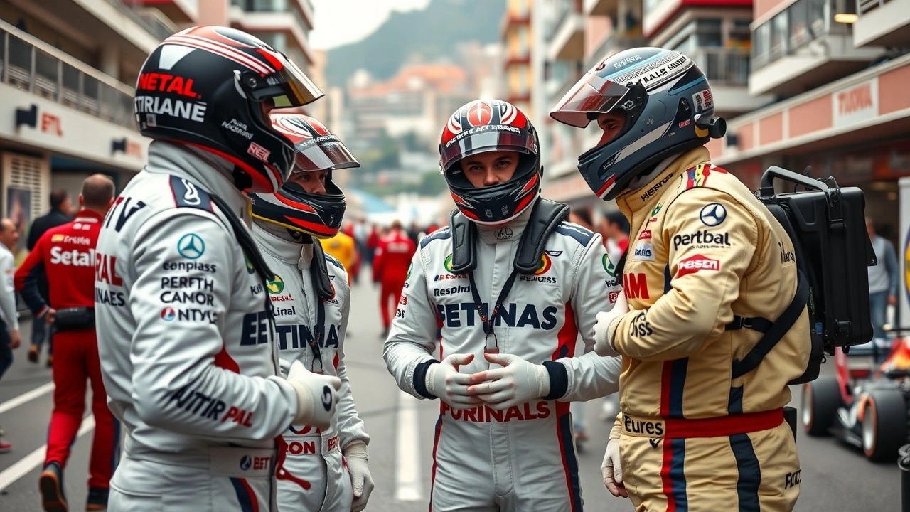 Pilotes en discussion dans le stand du Grand Prix de Monaco