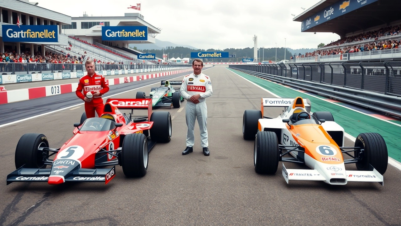 image de pilotes de F1 emblématiques avec leurs voitures