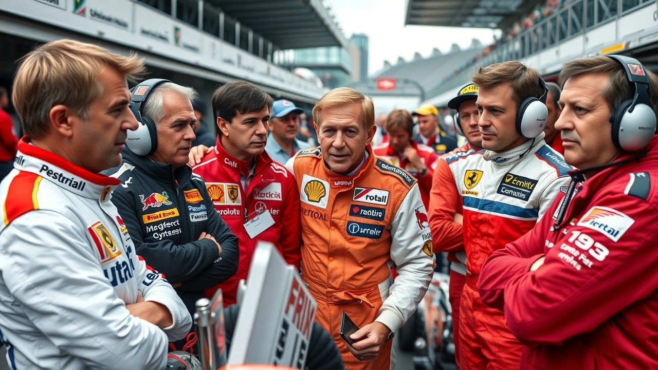 groupe de pilotes de F1 légendaires au paddock