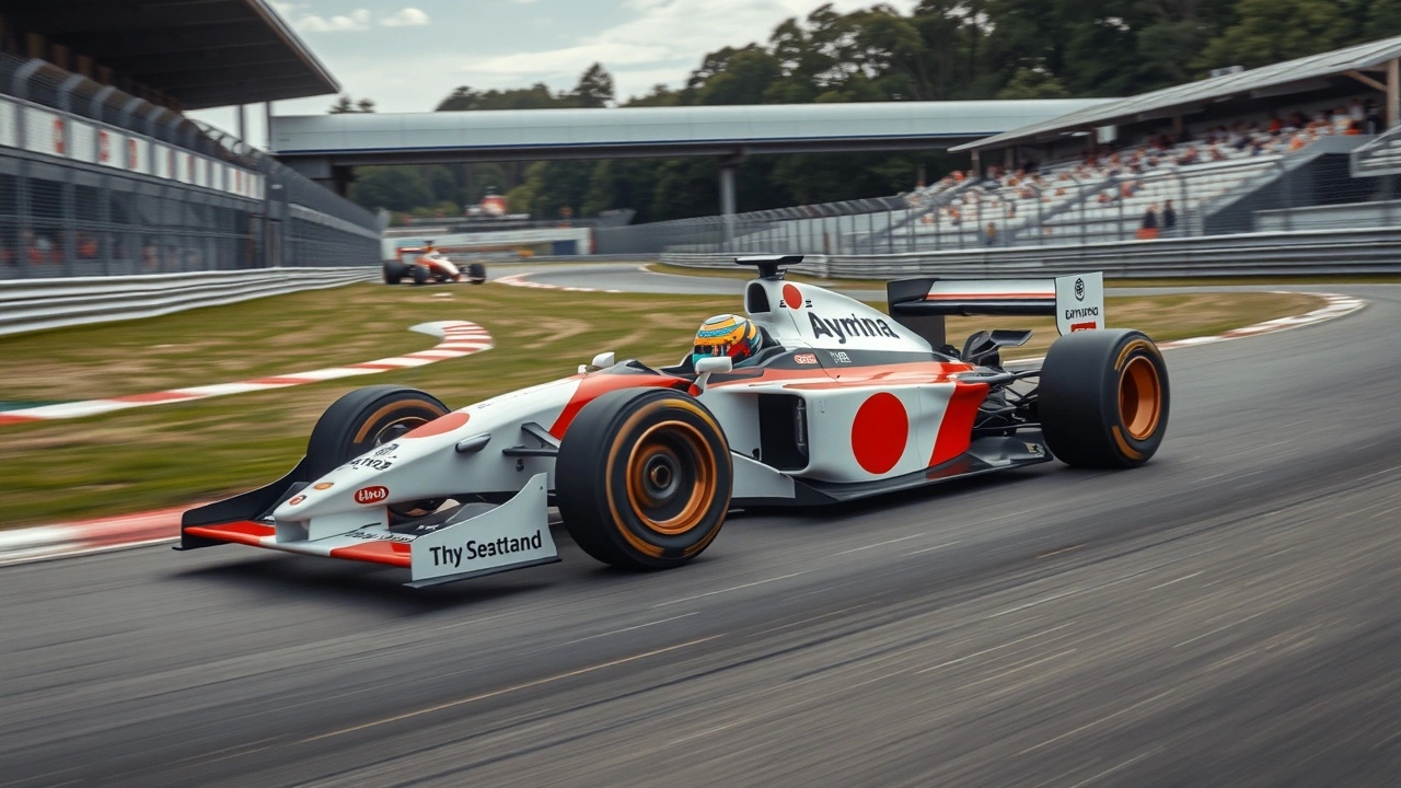 piste de course avec la voiture d'Ayrton Senna en mouvement