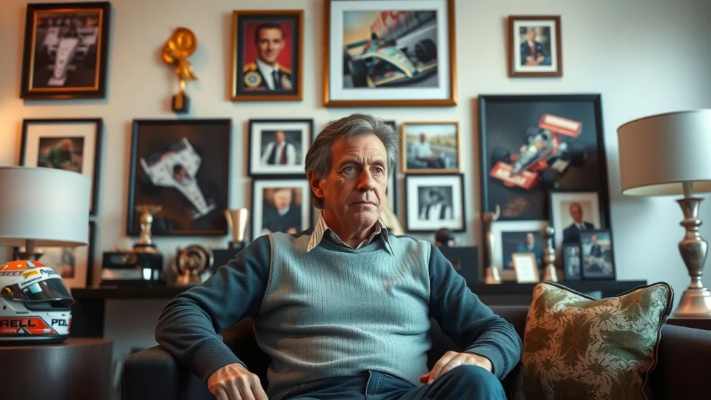 Un portrait d'Alain Prost dans un salon moderne, reflétant sur sa carrière avec des souvenirs de course.