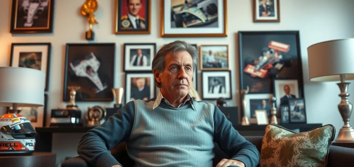 Un portrait d'Alain Prost dans un salon moderne, reflétant sur sa carrière avec des souvenirs de course.