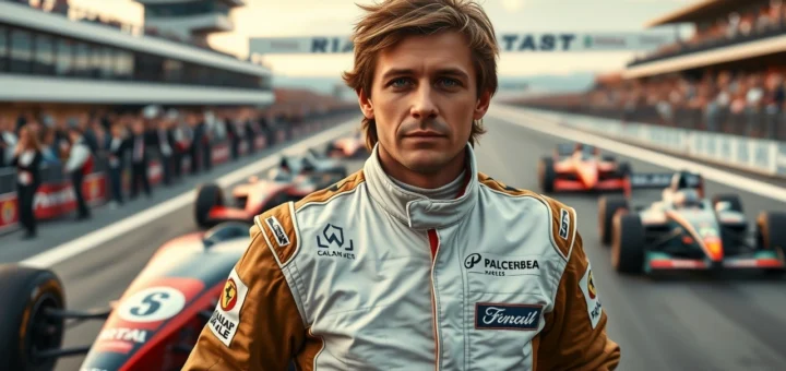 Un portrait photoréaliste d'un pilote de course illustrant l'héritage familial et l'ambition sur la piste.