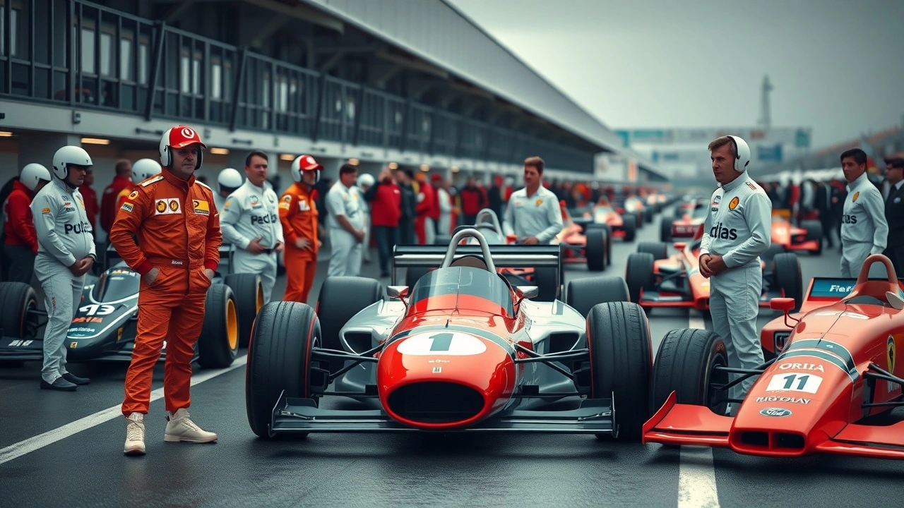 Portrait de pilotes de F1 emblématiques dans un stand