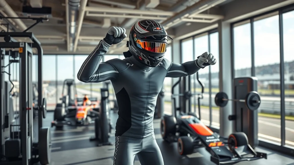 Un pilote de Formule 1 s'entraîne physiquement dans une salle de sport moderne, soulignant l'importance de la préparation physique.