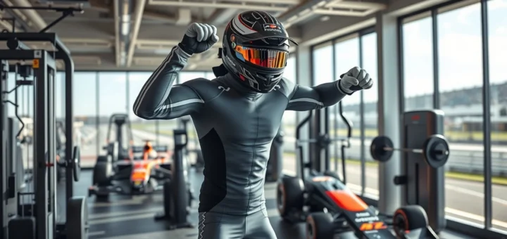 Un pilote de Formule 1 s'entraîne physiquement dans une salle de sport moderne, soulignant l'importance de la préparation physique.