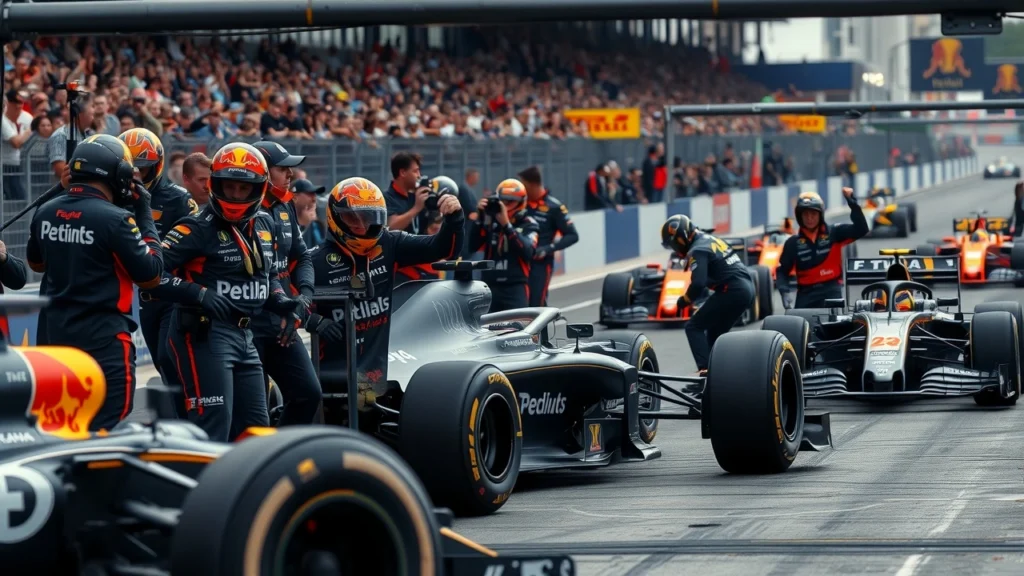Une scène de pression lors d'une course de Formule 1 avec une équipe en action.