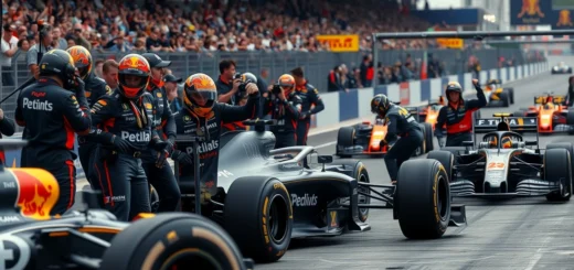 Une scène de pression lors d'une course de Formule 1 avec une équipe en action.