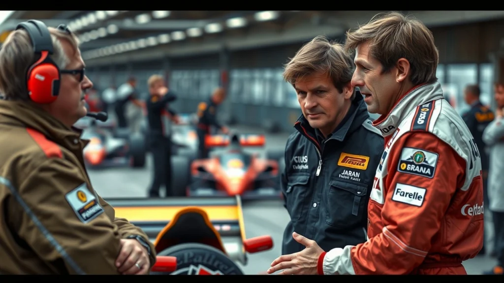 Alain Prost discute avec son équipe lors d'une course de Formule 1, illustrant l'importance de la communication.