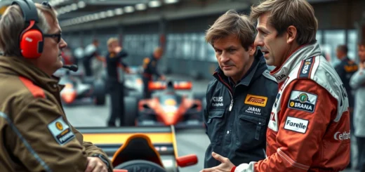 Alain Prost discute avec son équipe lors d'une course de Formule 1, illustrant l'importance de la communication.