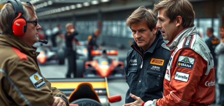 Alain Prost discute avec son équipe lors d'une course de Formule 1, illustrant l'importance de la communication.