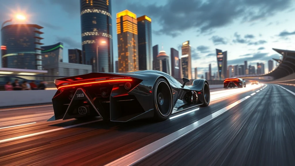 Prototype de voiture de course futuriste sur un circuit moderne