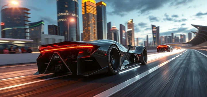 Prototype de voiture de course futuriste sur un circuit moderne