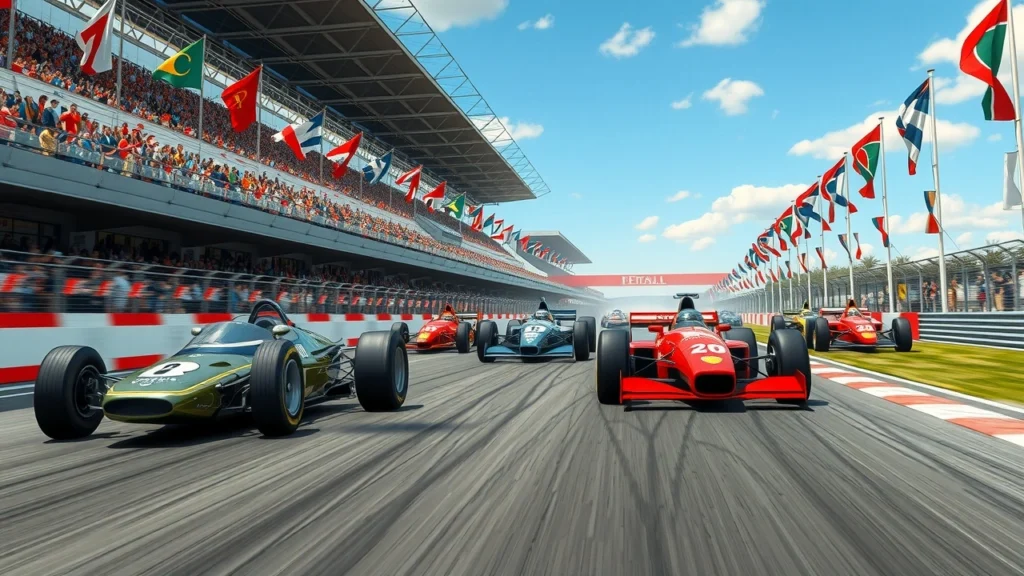 Une scène illustrant des moments iconiques de l'histoire de la Formule 1.