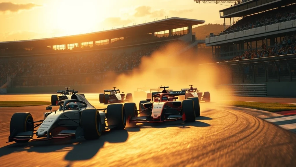 Une scène de course de Formule 1 avec des duels épiques entre des voitures emblématiques sur la piste.