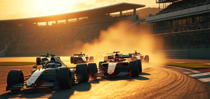 Une scène de course de Formule 1 avec des duels épiques entre des voitures emblématiques sur la piste.