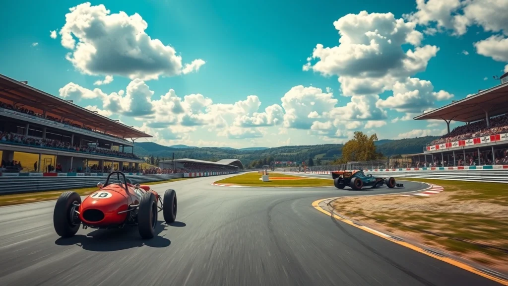 Vue photorealiste d'un circuit de Formule 1 alliant histoire et modernité.