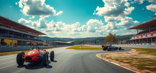 Vue photorealiste d'un circuit de Formule 1 alliant histoire et modernité.