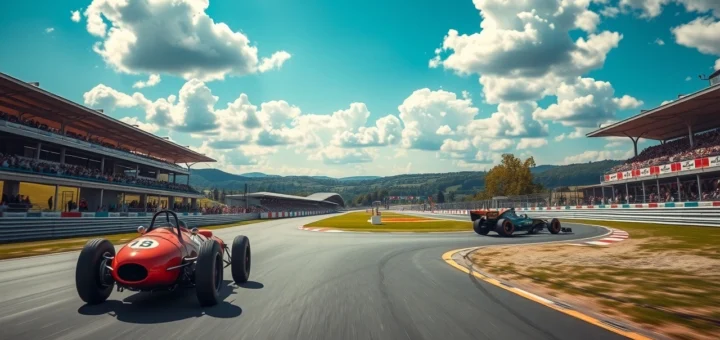Vue photorealiste d'un circuit de Formule 1 alliant histoire et modernité.