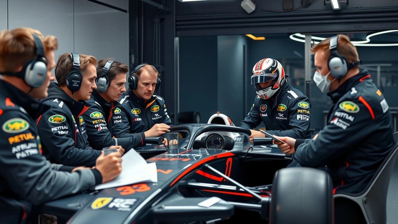 réunion d'équipe de Formule 1 avec pilotes et ingénieurs