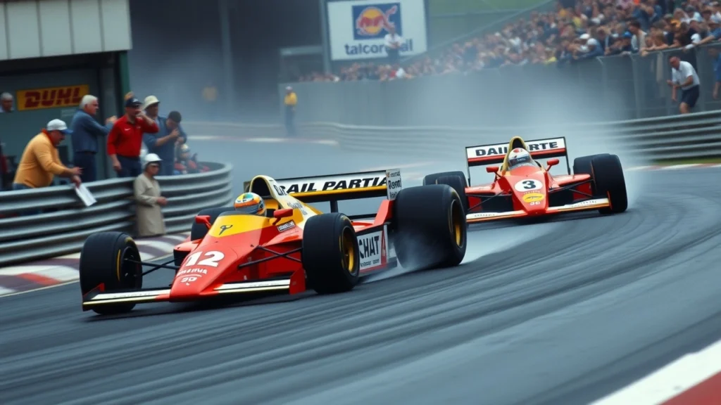 Une illustration photoréaliste des rivalités légendaires d'Alain Prost en F1, montrant deux voitures emblématiques en compétition sur une piste.