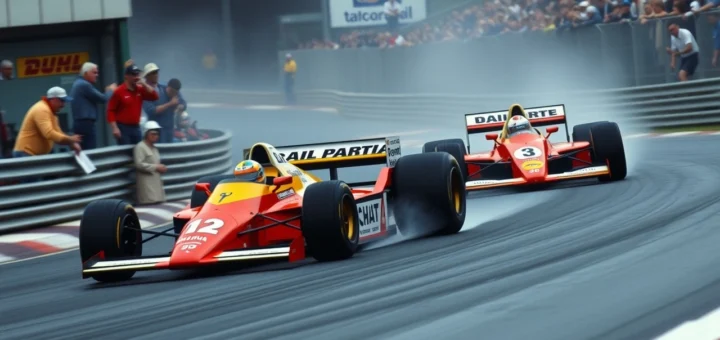 Une illustration photoréaliste des rivalités légendaires d'Alain Prost en F1, montrant deux voitures emblématiques en compétition sur une piste.