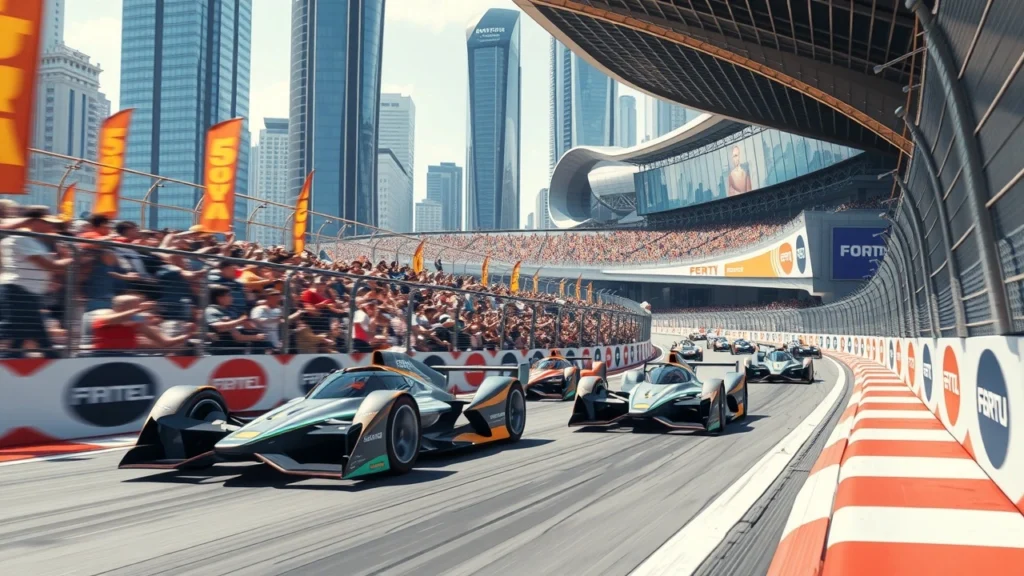 Scène de course de Formule E avec des voitures électriques modernes sur une piste urbaine.