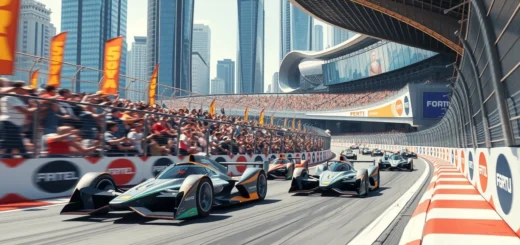 Scène de course de Formule E avec des voitures électriques modernes sur une piste urbaine.