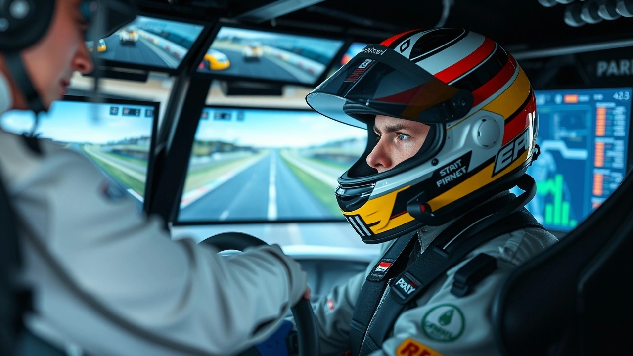 pilote dans un simulateur avec des écrans de course