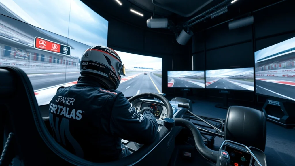 Une scène réaliste d'un pilote en train de s'entraîner dans un simulateur de course de Formule 1.
