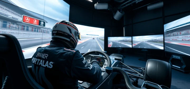 Une scène réaliste d'un pilote en train de s'entraîner dans un simulateur de course de Formule 1.
