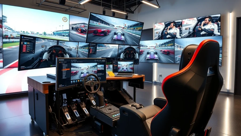 Une image illustrant les simulateurs de course pour la formation des pilotes de sports automobiles.