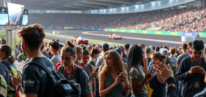 Une illustration réaliste d'un événement de sport automobile en 2023, mettant en avant l'engagement des nouvelles générations.