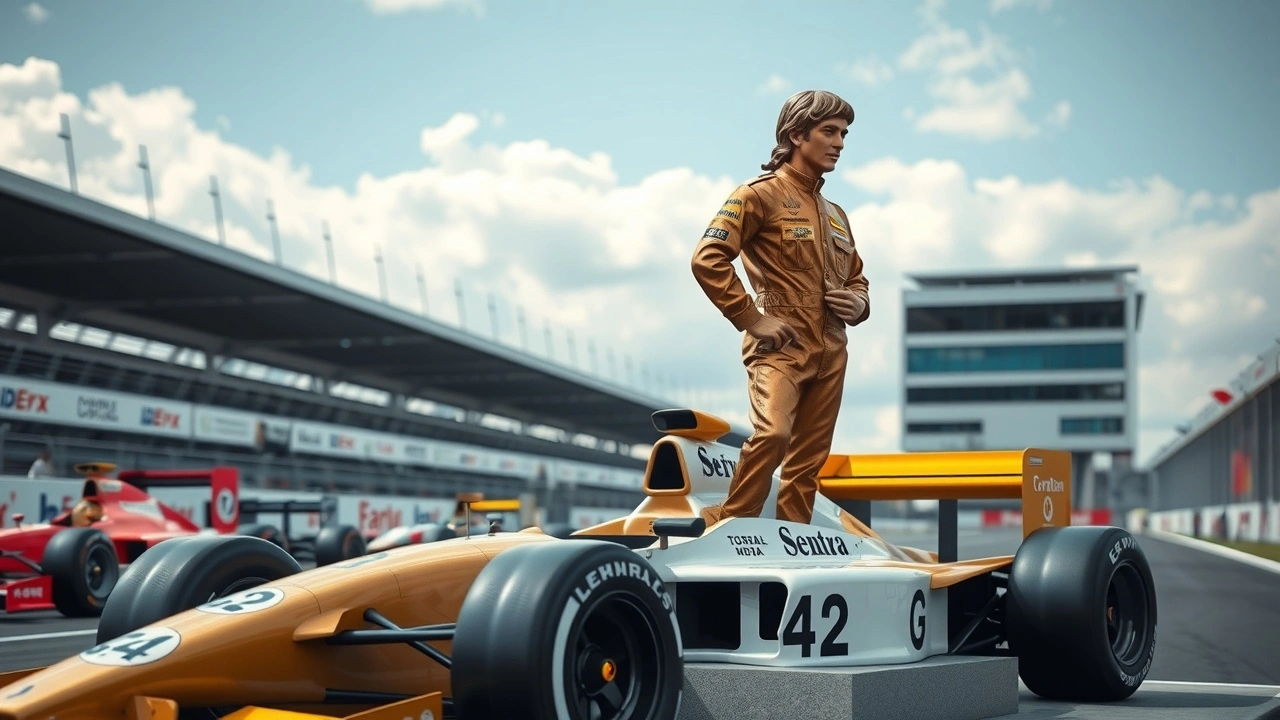 Statue d'Ayrton Senna dans un environnement de course